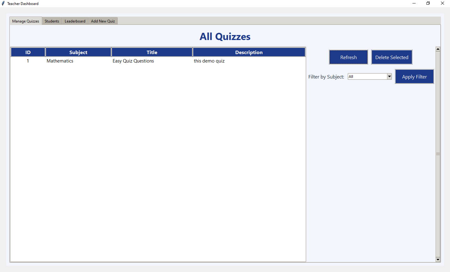 Quiz Questions Interface